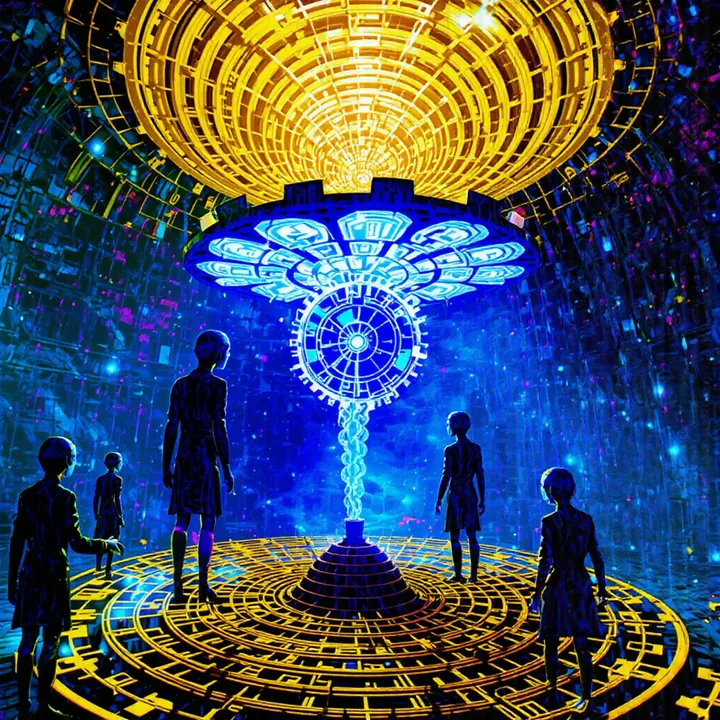 A glowing blue tree of light and cogs grows down from a golden dome toward silhouetted observers on a golden maze floor.