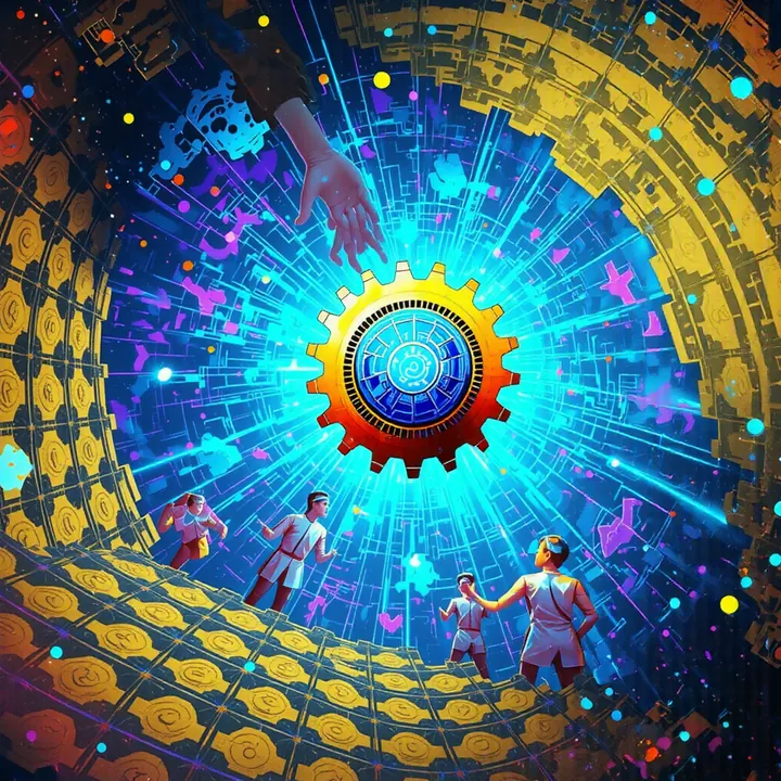 Seen from below, a blazing orange and blue cog floats inside a golden hexagon-tiled tunnel as small figures look up.