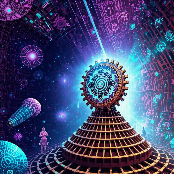 A cog crowns a stepped tower rising into space, with planets and a floating cone around it and small figures at its base.