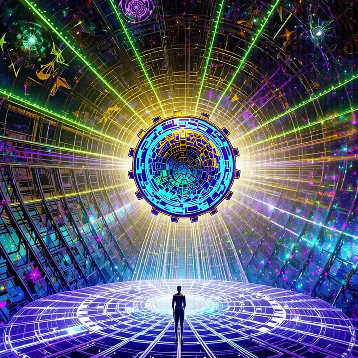 A blue cog floats at the end of a tunnel of green and gold light lines above a lone figure on a violet grid.