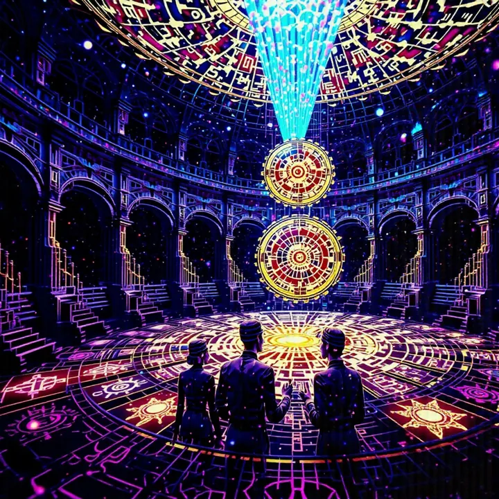 Two golden cogs hang one above the other under a shaft of cyan light, watched by three silhouettes in a dark colonnaded hall.