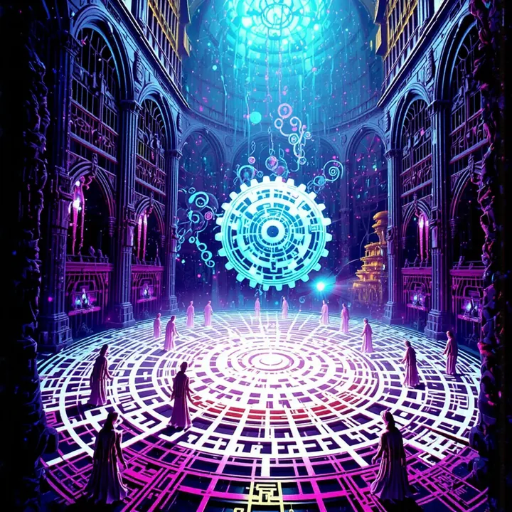 A pale glowing cog floats in a dark gothic nave above a violet-lit circular floor ringed by robed figures.