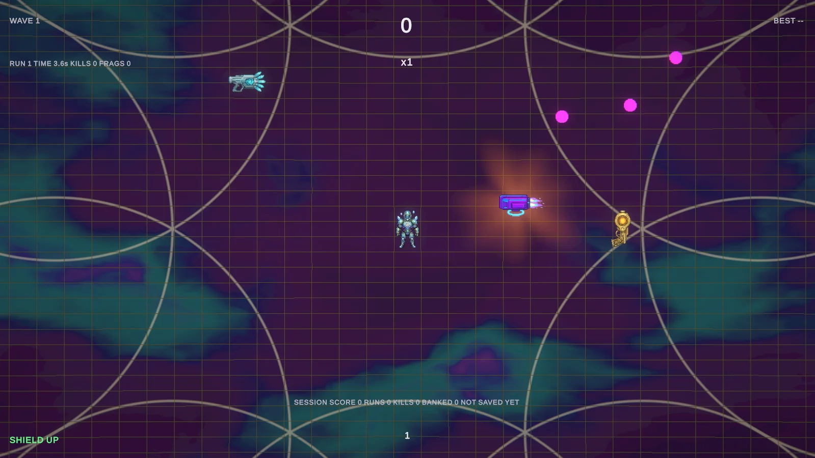 Cog Wars v0.0.2 at the same moment: the same player, Drone and pickups, now over a teal and violet fractal void, with the Flower of Life's circles and an orange halo around the Drone.