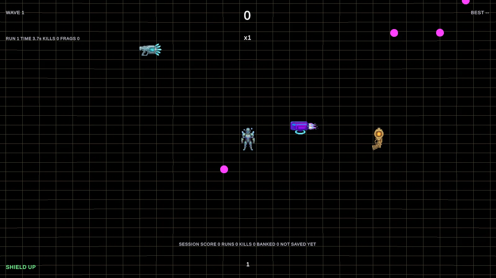 Cog Wars v0.0.1: the player, one Drone, two weapon pickups and magenta projectiles on a flat black background with a faint grid.