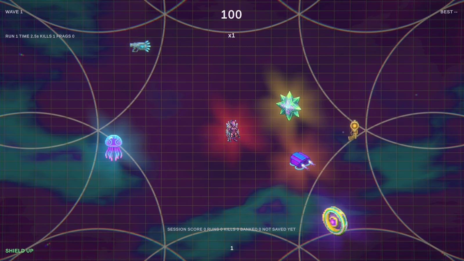 All five enemy types around the player: a cyan-glowing jellyfish Drifter, a red Seeker on the player, an amber-glowing crystal Splitter, an orange Drone and a violet-glowing Orbiter ring.