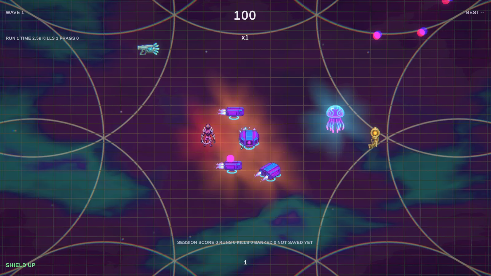 Four Drones and a Seeker packed together, their orange and red halos merged into one bloom, beside a cyan-glowing Drifter.