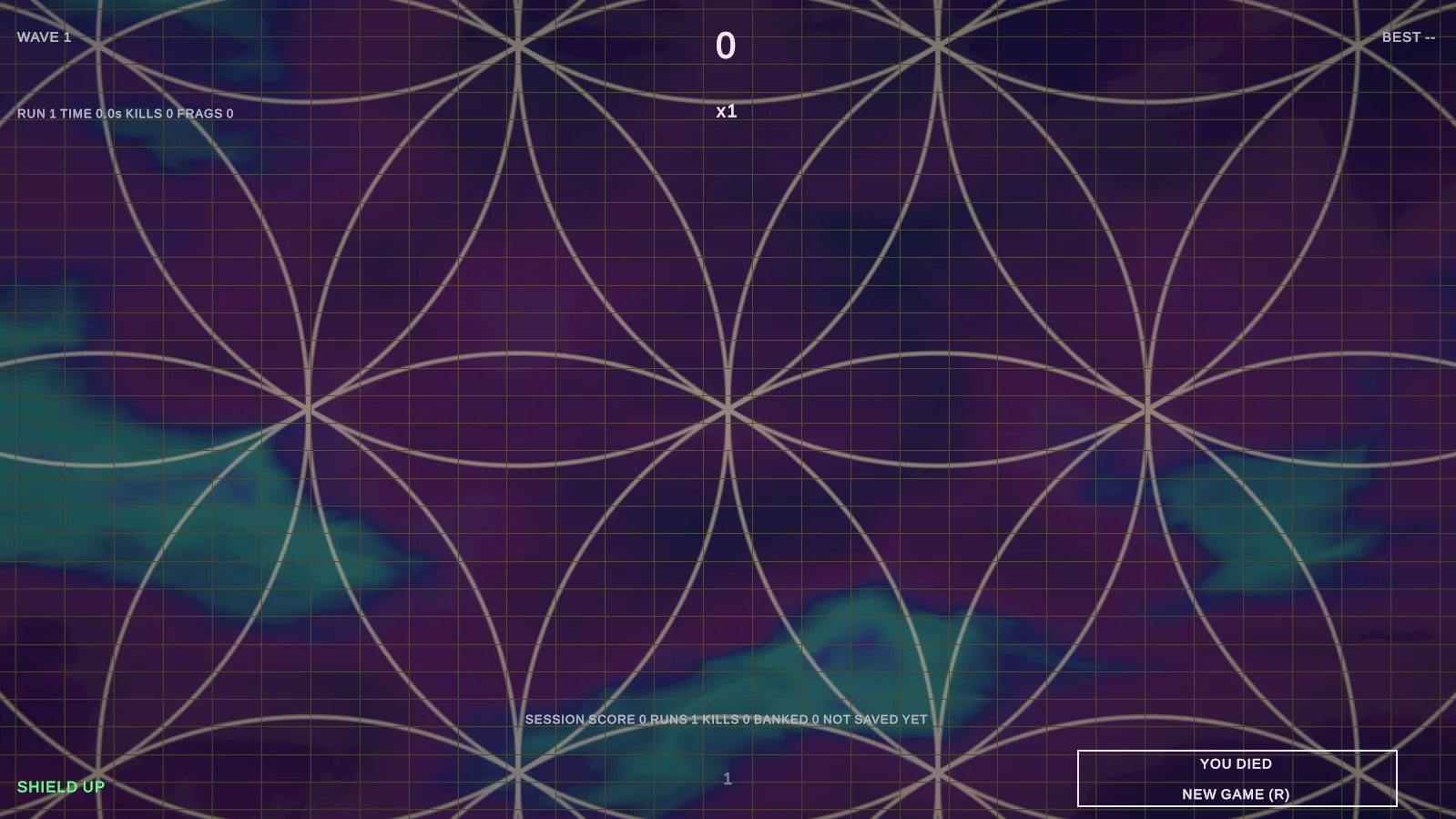 The death screen in v0.0.2: the full Flower of Life with no gap, because there is no player to carve around, and the YOU DIED / NEW GAME (R) prompt.