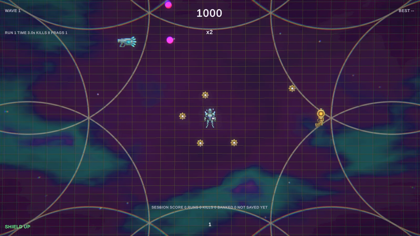 The player surrounded by gold fragments just after a group of enemies died; the multiplier reads x2 and the score 1000.