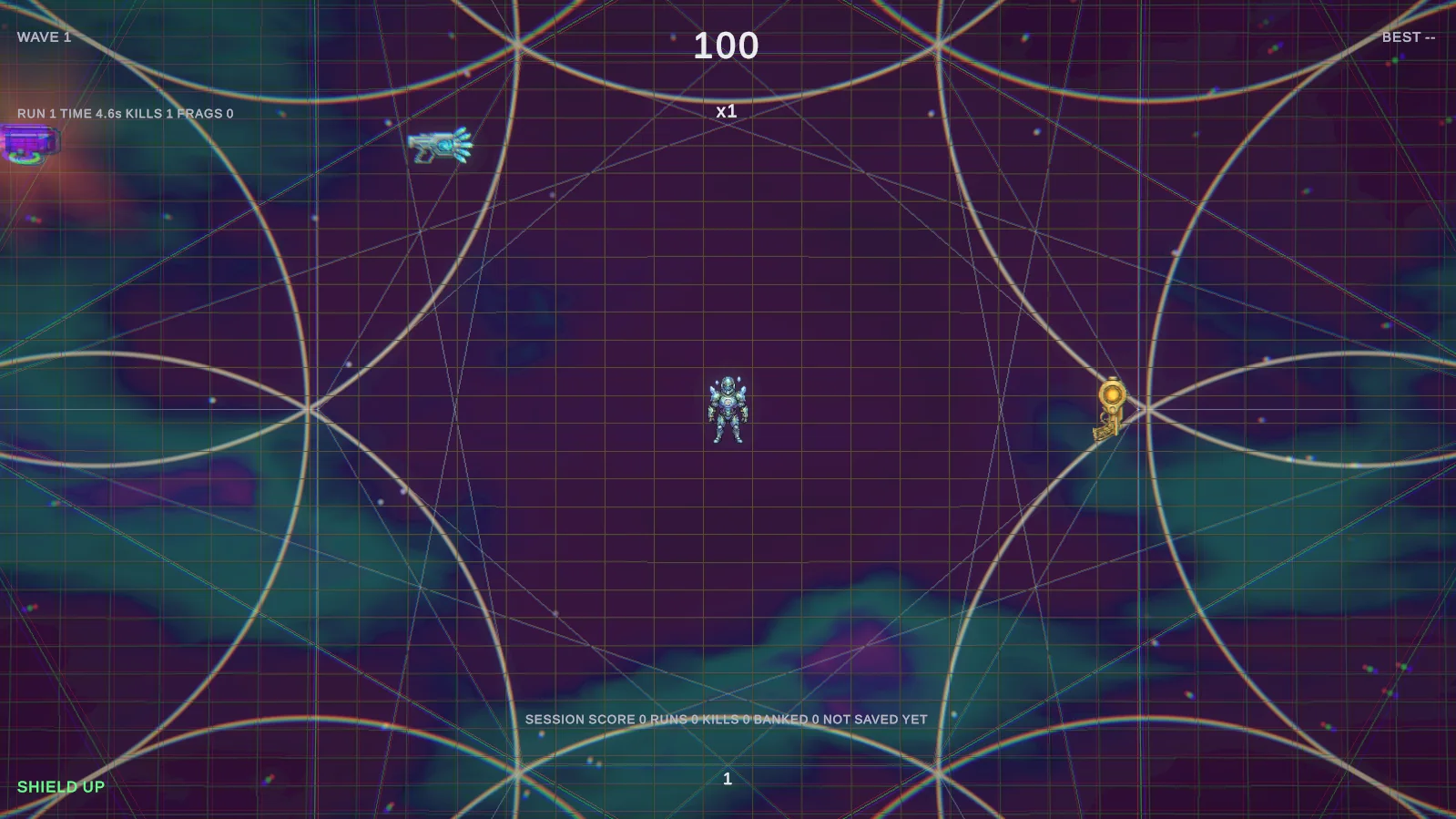 The arena at intensity 1.0: the Flower of Life's circles now crossed by the fine straight chords of Metatron's Cube, with a clear space around the player.