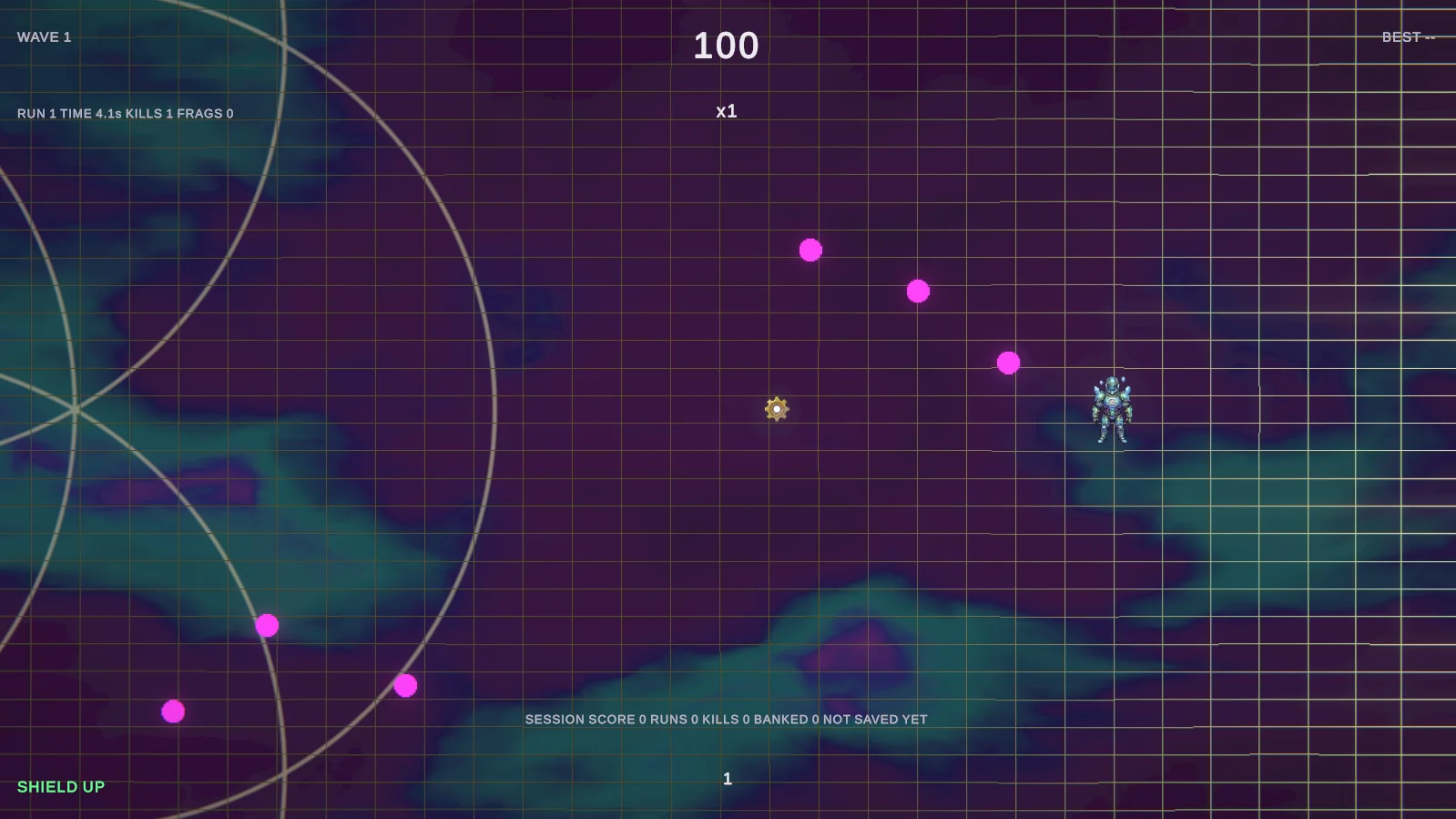 The player near the east wall firing magenta shots, with grid lines growing brighter toward the arena edge on the right.