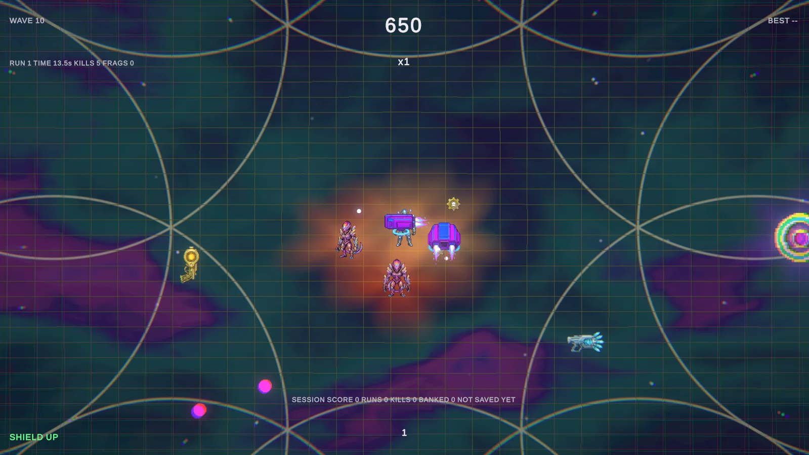 Wave ten in Crystal-Void: a knot of Drones and Seekers glowing orange and red over a teal and violet fractal void, with the Flower of Life's circles crossing the arena.