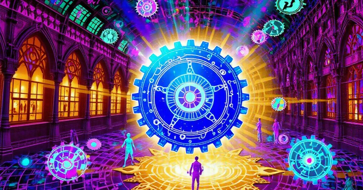 A blazing blue cog floats over a star-shaped golden base in a violet arcade.
