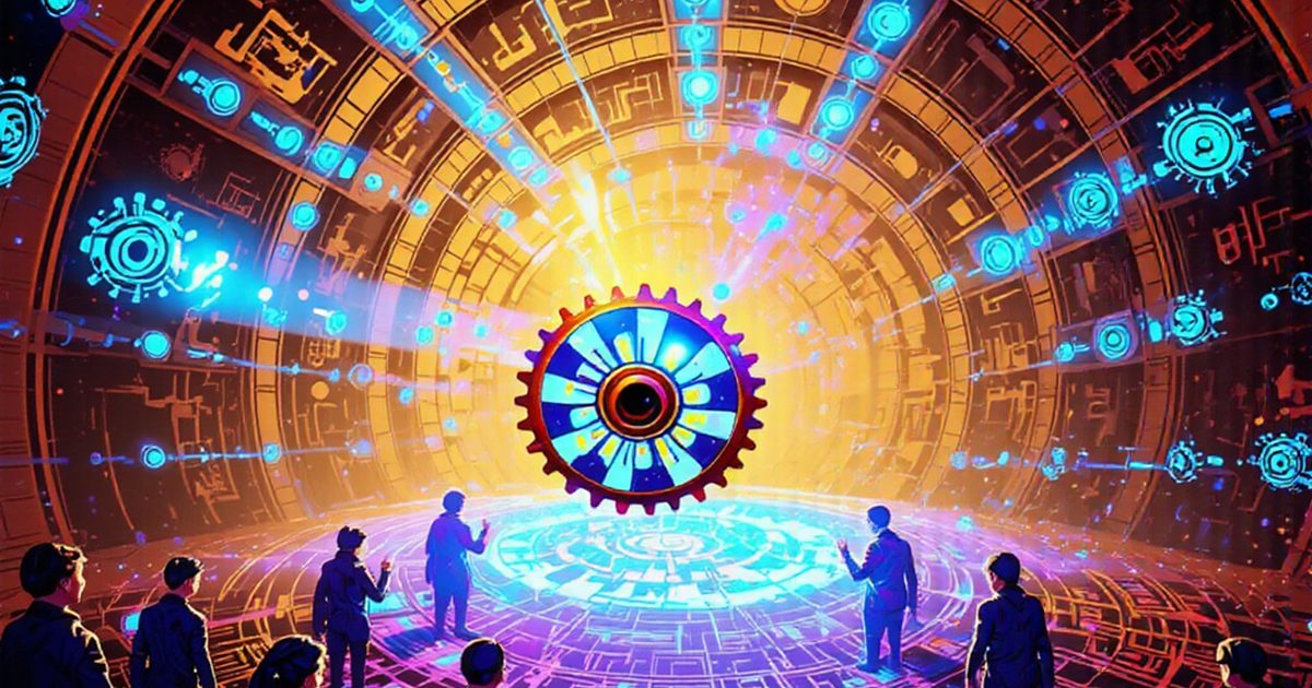 A giant golden cog with a blue eye hangs beneath a glowing arch, watched by a crowd.
