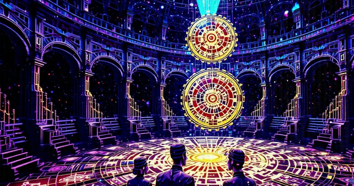 Two golden cogs hang one above the other under a shaft of cyan light.